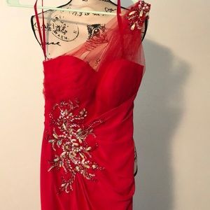Red rhinestone one shoulder pageant gown